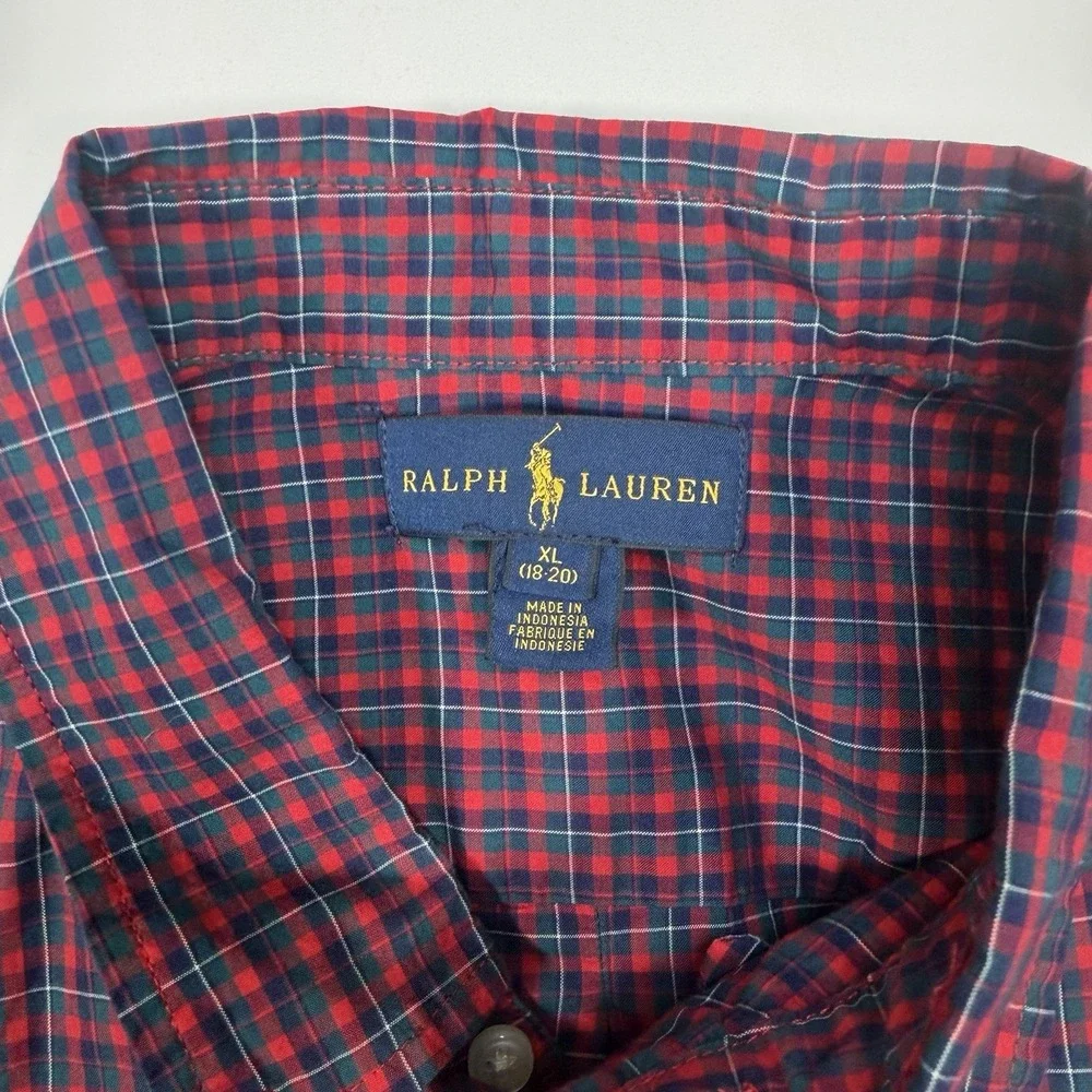 Ralph Lauren Button Down Shirt Boys XL 18-20 Red Blue Plaid Pony Cotton Casual